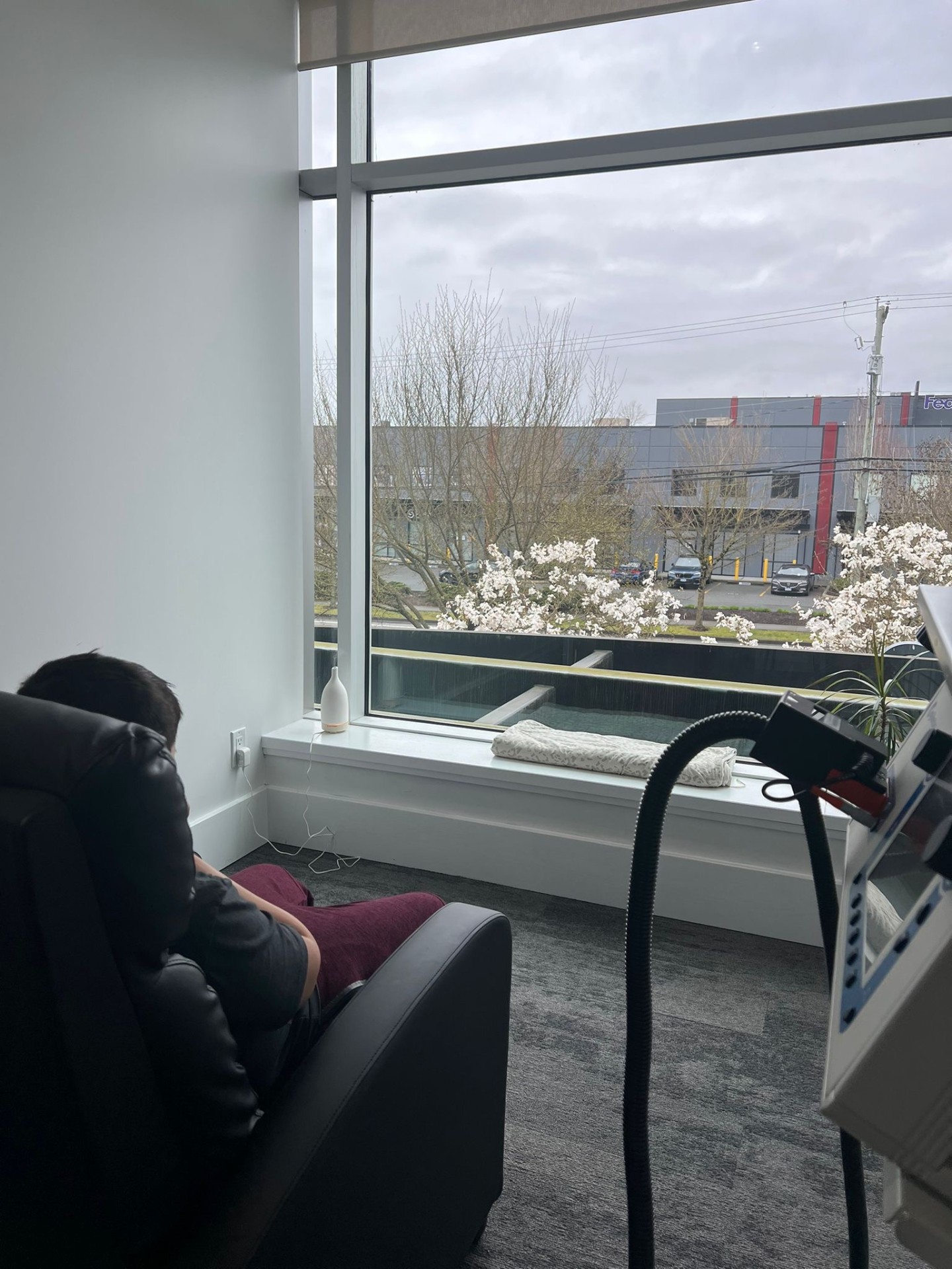 A patient resting in the treatment chair by a window with spring blossoms outside