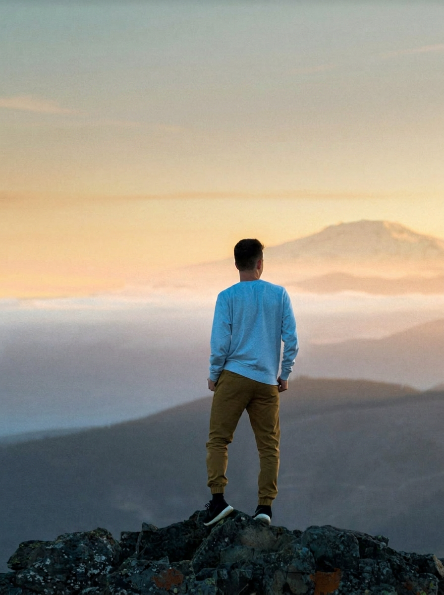 A person on a rocky summit looking out over a sea of clouds at sunset